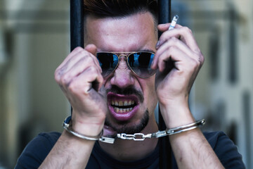 Upset handcuffed man with cigarette imprisoned for crime, punished for serious villainy. Arrest,...