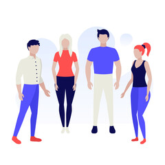 Group of young people standing together. Teamwork group. Brainstorm concept. Successful team in coworking project. Human characters on white background. Color vector illustration