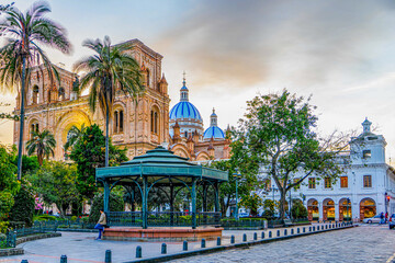 Ecuador in the city of Cuenca. The Plaza Central, in the background the new Cathedral.	 - obrazy, fototapety, plakaty