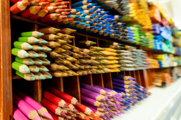 Colored pencils. Accessories, chancery, drawing. Colorful background.