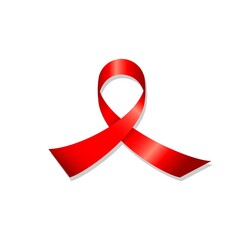 Realistic red ribbon isolated on white background. Global symbol for solidarity with HIV-positive people and those living with AIDS. Design for banners, posters, flyers