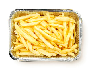 French fries in packaging on white background, isolated. The view from top