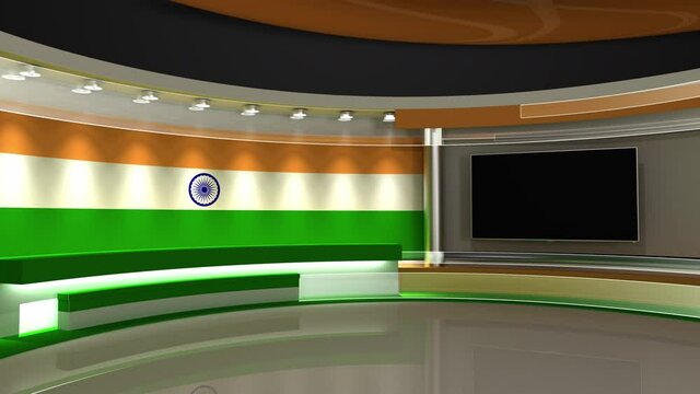 TV studio. India flag studio. India flag background. News studio. The perfect backdrop for any green screen or chroma key video or photo production. 3d render. 3d