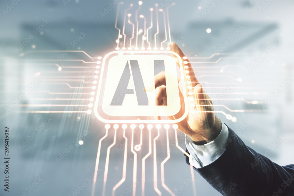 Aufkleber man hand working with abstract virtual artificial intelligence symbol hologram on blurred office bac