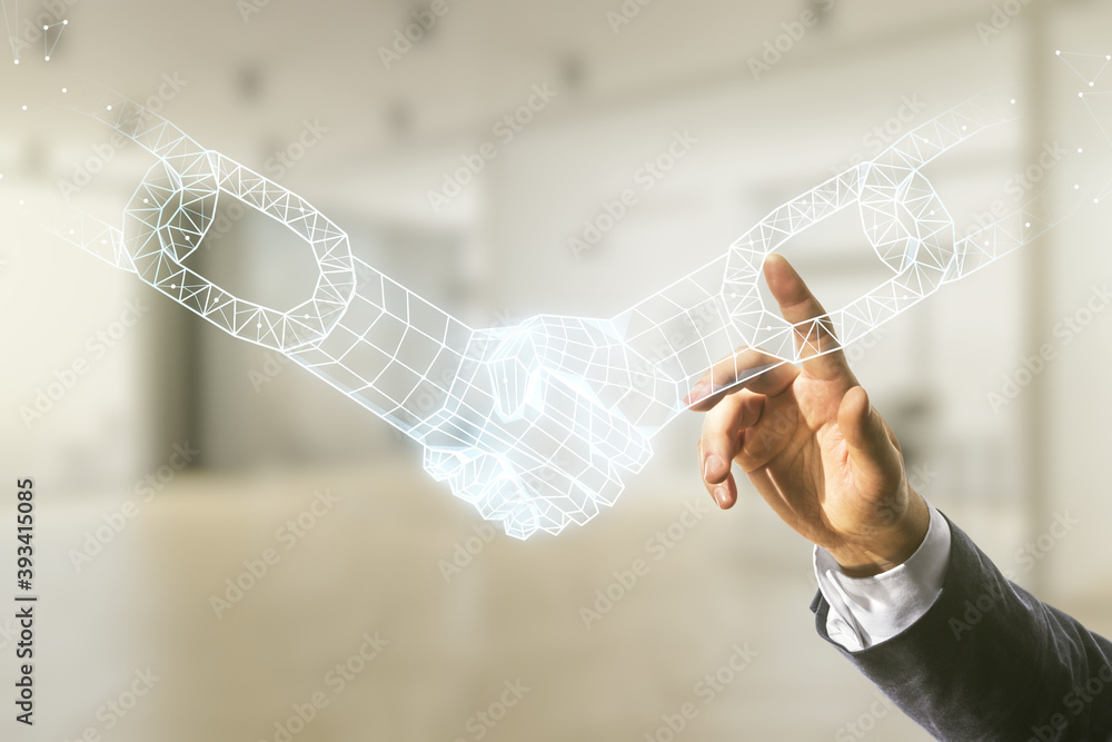 Aufkleber male hand clicks on abstract virtual block chain technology sketch with handshake on blurred office 