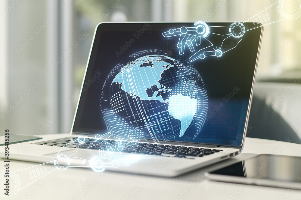 Aufkleber double exposure of robotics technology with world map hologram on laptop background. research and de