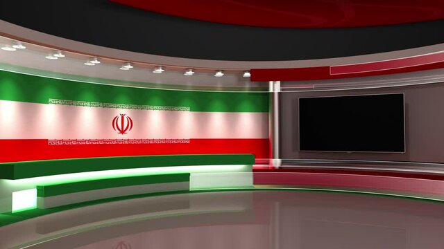 TV studio. Iran flag studio. Iran flag background. News studio. The perfect backdrop for any green screen or chroma key video or photo production. 3d render. 3d