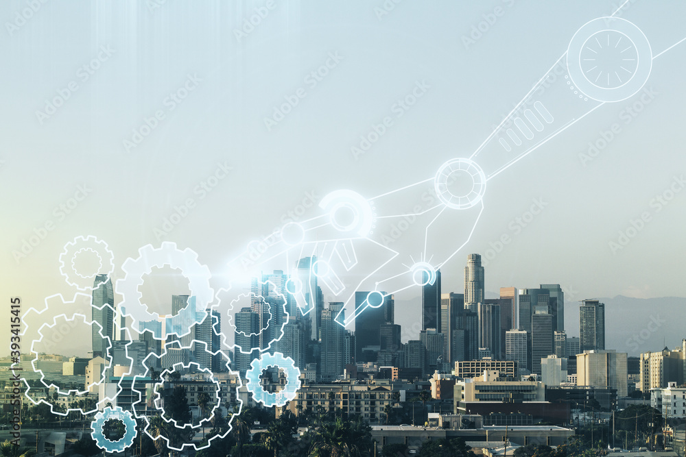 Poster abstract virtual robotics technology hologram on los angeles cityscape background, artificial intell