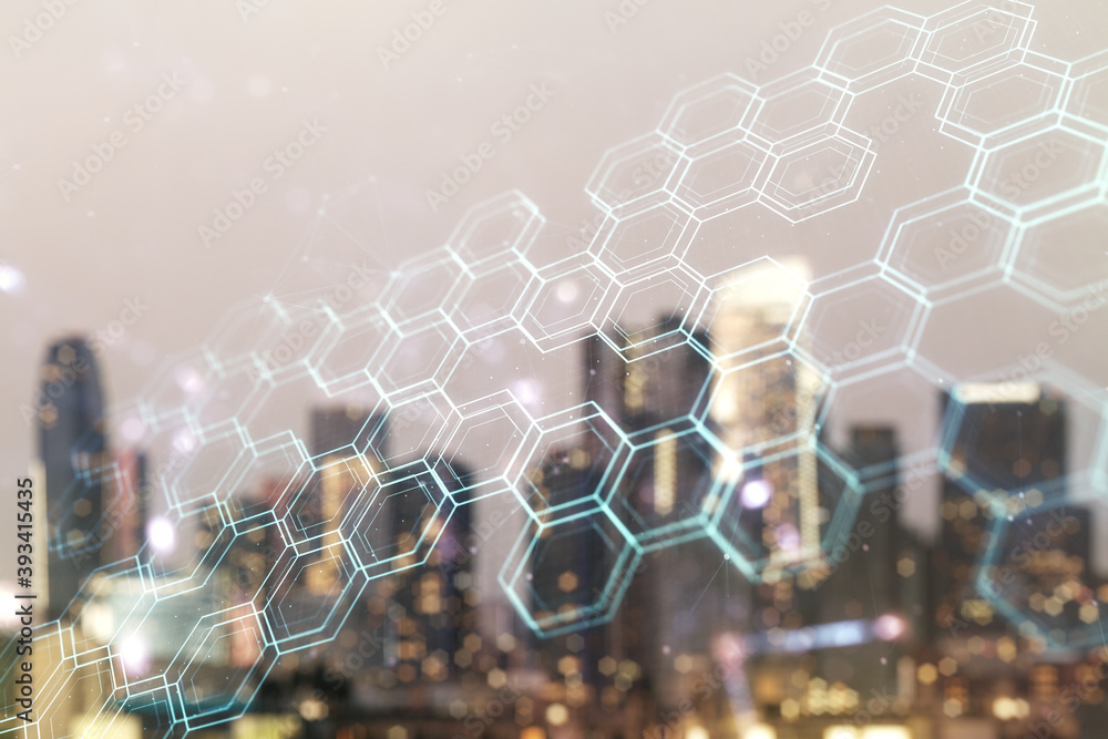 Poster double exposure of abstract virtual technology hologram with hexagon on blurry cityscape background.