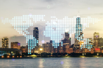 Fototapeta na wymiar Double exposure of abstract digital world map on Chicago city skyscrapers background, research and strategy concept
