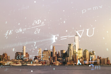 Scientific formula illustration on New York cityscape background, science and research concept....