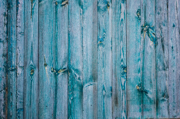 Vintage wooden background with faded turquoise peeling paint.