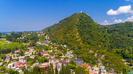 View from drone on Black sea coastal town New Athos and Anakopia mountain