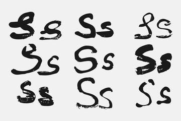 Naklejka premium Letter S written by hand. Black letter S written in grunge calligraphy. Different versions of the font are hand-drawn in a careless style. Vector eps illustration.