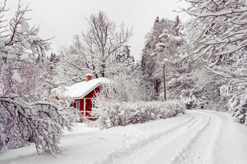 Beautiful red wooden house in snow fairy forest Sweden. House painted in traditional Swedish color. Winter scenery with red cottage surrounded by trees covered with snow and frost. Space for your text