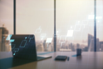 Double exposure of abstract creative financial diagram and modern desk with computer on background, banking and accounting concept