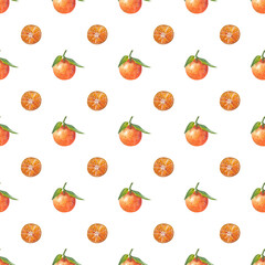 Seamless watercolor pattern with orange tangerine fruits. Digital paper