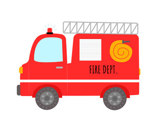 Cute cartoon fire truck isolated on white background.