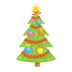 A cute toy - a Christmas tree. Decorated with glass balls, gold star, candies and red beads. In cartoon style. Isolated on white background. Vector flat illustration.