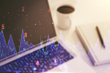 Double exposure of abstract creative statistics data hologram on computer background, analytics and forecasting concept