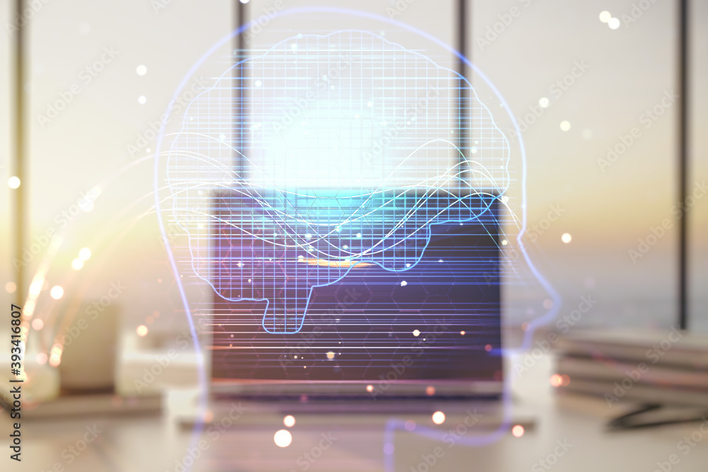 Poster Double exposure of creative human head microcircuit with computer on background. Future technology and AI concept