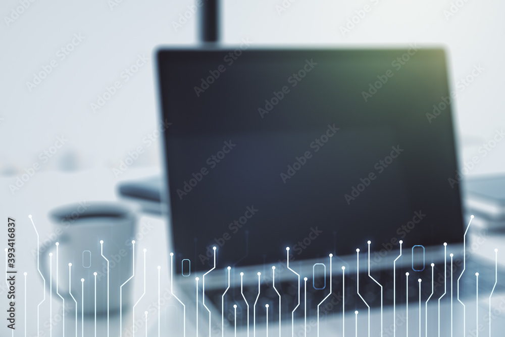 Poster creative abstract micro chip hologram on modern computer background, artificial intelligence and mac