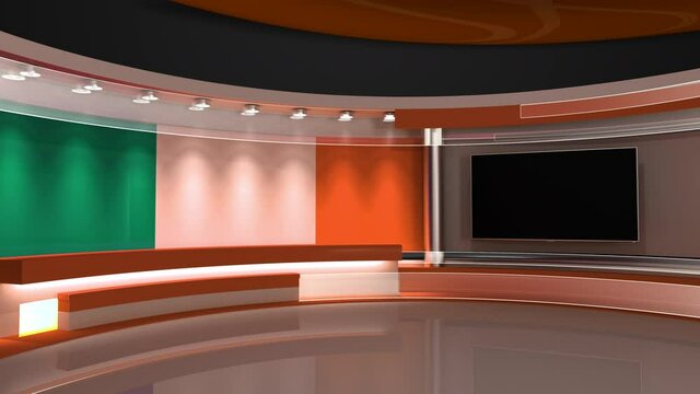 TV studio. Ireland flag studio. Ireland flag background. News studio. The perfect backdrop for any green screen or chroma key video or photo production. 3d render. 3d