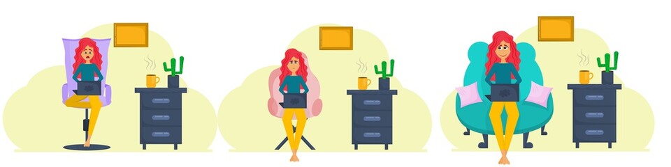 A set of images of freelancers isolated on a white background. Girls with different emotions work remotely on a laptop. Vector illustration in flat style..