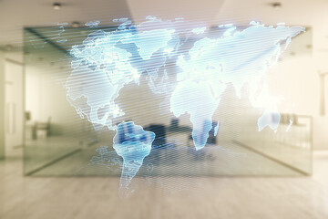 Abstract creative digital world map on a modern furnished classroom background, globalization...