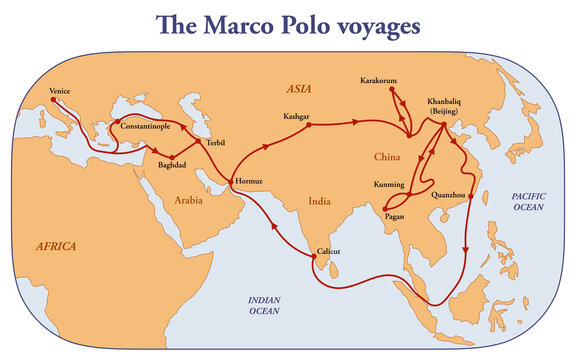 Map of the Marco Polo voyages through Asia along the Silk Road