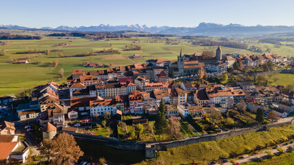 Flying above Romont on a sunny day, Switzerland. 