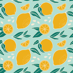 Flat seamless pattern with yellow lemons. Fruit vector pattern on light blue background. Perfect for fabric, clothes, wallpaper, wrap paper