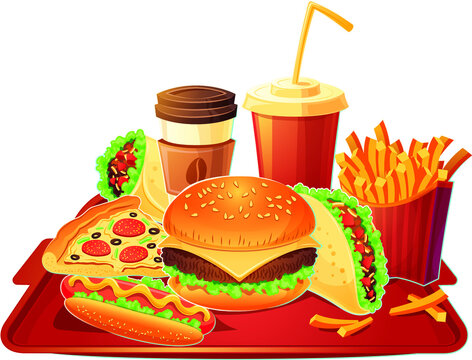 Vector cartoon illustration of a traditional set of fast food meal - hamburger, hot dog, pizza, french fries, taco, take-away coffee, cola - isolated on white. Signboards, badges.