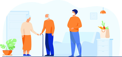 Volunteer delivering food parcels elderly people isolated flat vector illustration cartoon old people meeting courier protective mask delivery service isolation concept.