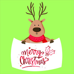 Christmas character holding blank banner. merry christmas card with reindeer