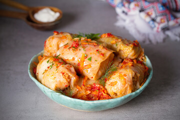 Stuffed cabbage leaves. Cabbage wraps. Chou farci, dolma, sarma, golubtsy or golabki
