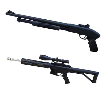 There are a pump action shotgun and an assault rifle. White background. Isolated.