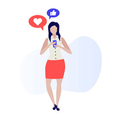 People using devices. Young people talk on the phone, use a computer and a tablet. Illustration of phone call, speaking social, talking and chatting. Human characters on white background. Color vector