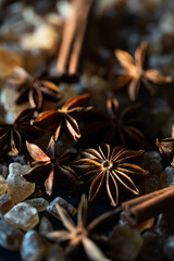 Close up anise stars , brown sugar crystals, and cinnamon sticks on deep blue background.