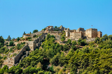 View of the walls of the ancient fortress and the tower  in Alanya in Turkey