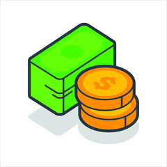 Dollars, coins, money isometric flat icon. 3d vector colorful illustration. Pictogram isolated on white background.