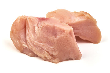 Smoked chicken meat pieces, isolated on white background