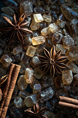 Fototapeta na wymiar Close up brown sugar crystals, anise stars and cinnamon sticks on deep blue background.