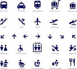 Airport service signs vector set. Cool vector flat line high quality icons set on airport services, facilities and features. Shops, customs, check-in, tourist information, departure and arrival, etc.