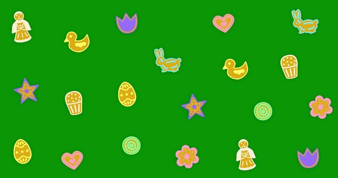 Easter gingerbread cookies moving pattern isolated on Chroma key background