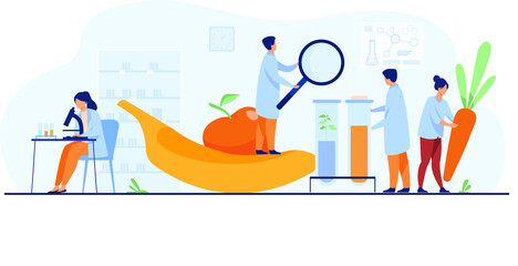 Biology scientists doing research fruits people cultivating plants lab vector illustration gmo food agriculture science concept.