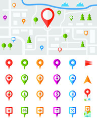 City map with large set colorful pin pointers each showing different vector infographic. set of map pointers