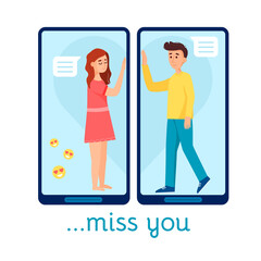 Love at the distance concept. Lovers communicate on a smartphone. Vector Illustration