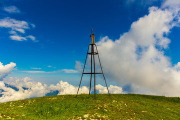 Fototapeta na wymiar Beautiful mountain landscape at Caucasus mountains with a geodetic sign