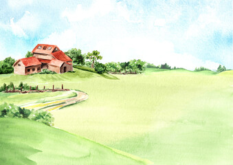 Old farm in countryside with copy space, Watercolor hand drawn illustration © dariaustiugova